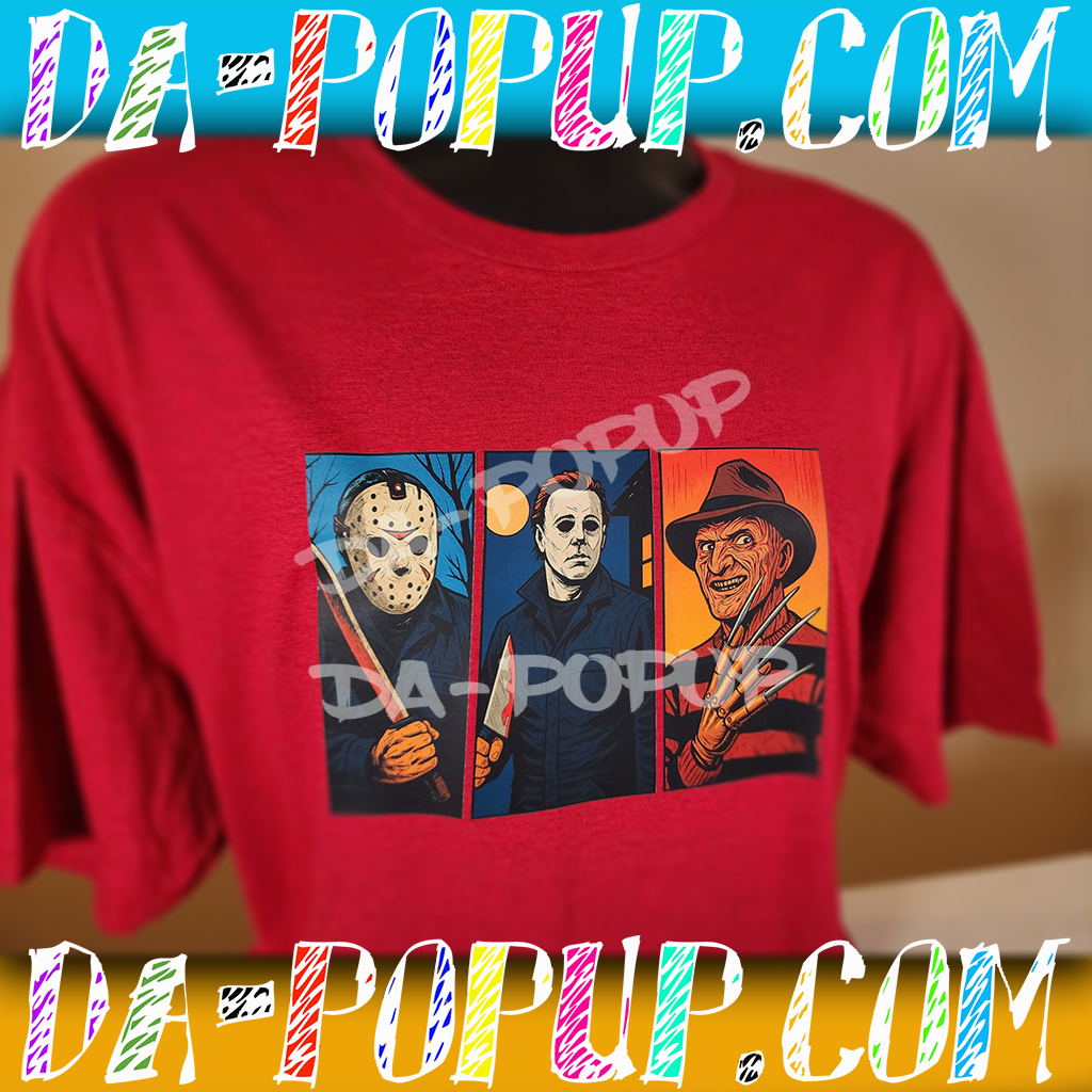 Red t-shirt featuring graphic art panels of Jason Voorhees, Michael Myers, and Freddy Krueger from classic slasher horror movies