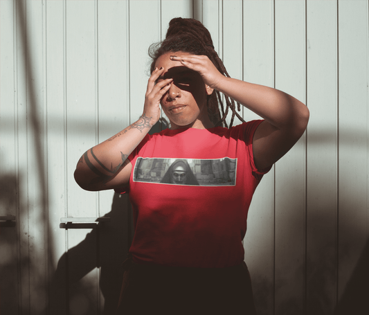 dread locs black female model instagram facebook outside sunny designer shirt jeans horror movie classic nun church evil