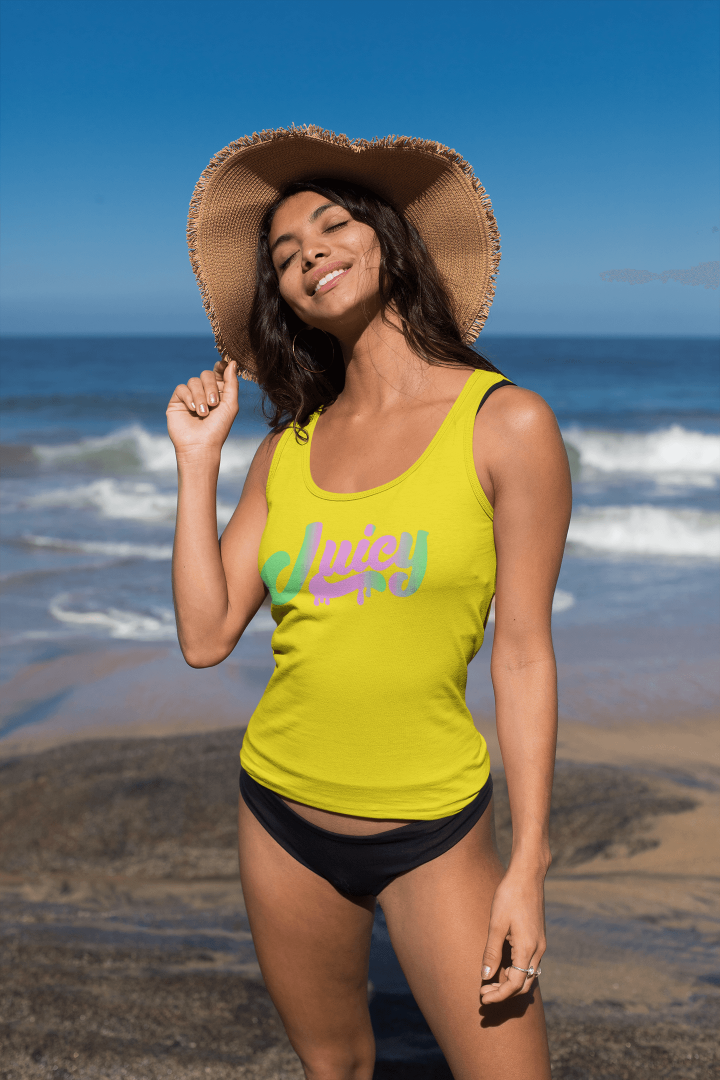 latin young female model sun hat swim water beach sand designer shirt tank top instagram model
