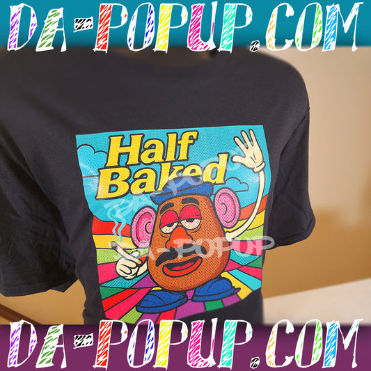 Black t-shirt featuring a parody of Mr. Potato Head smoking with colorful rainbow background and Half Baked text.