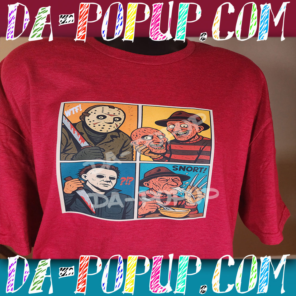 Red t-shirt with cartoon comic panels of Jason Voorhees, Freddy Krueger, and Michael Myers in a funny horror parody design.