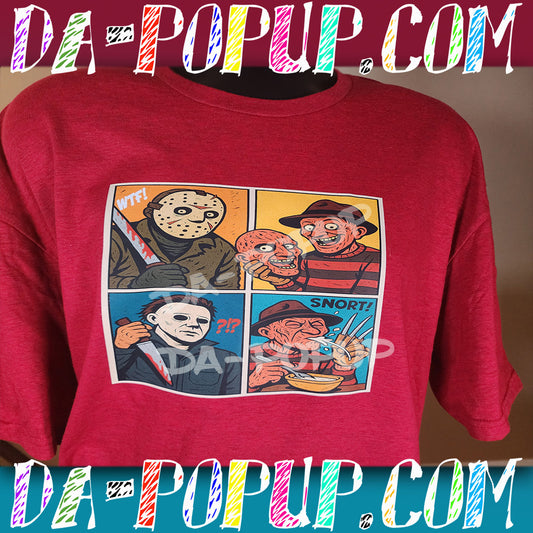 Red t-shirt with cartoon comic panels of Jason Voorhees, Freddy Krueger, and Michael Myers in a funny horror parody design.