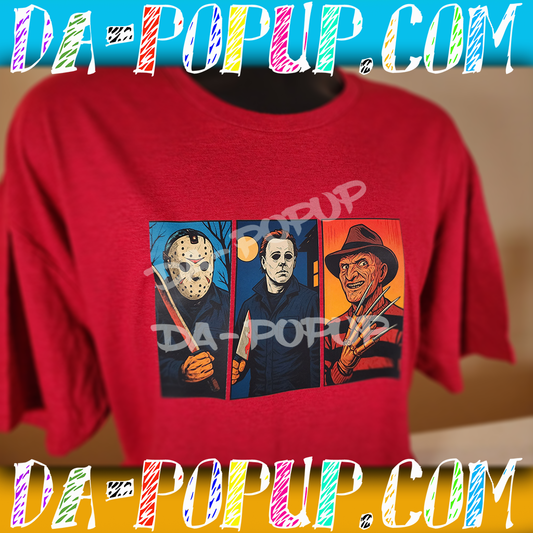 Red t-shirt featuring graphic art panels of Jason Voorhees, Michael Myers, and Freddy Krueger from classic slasher horror movies