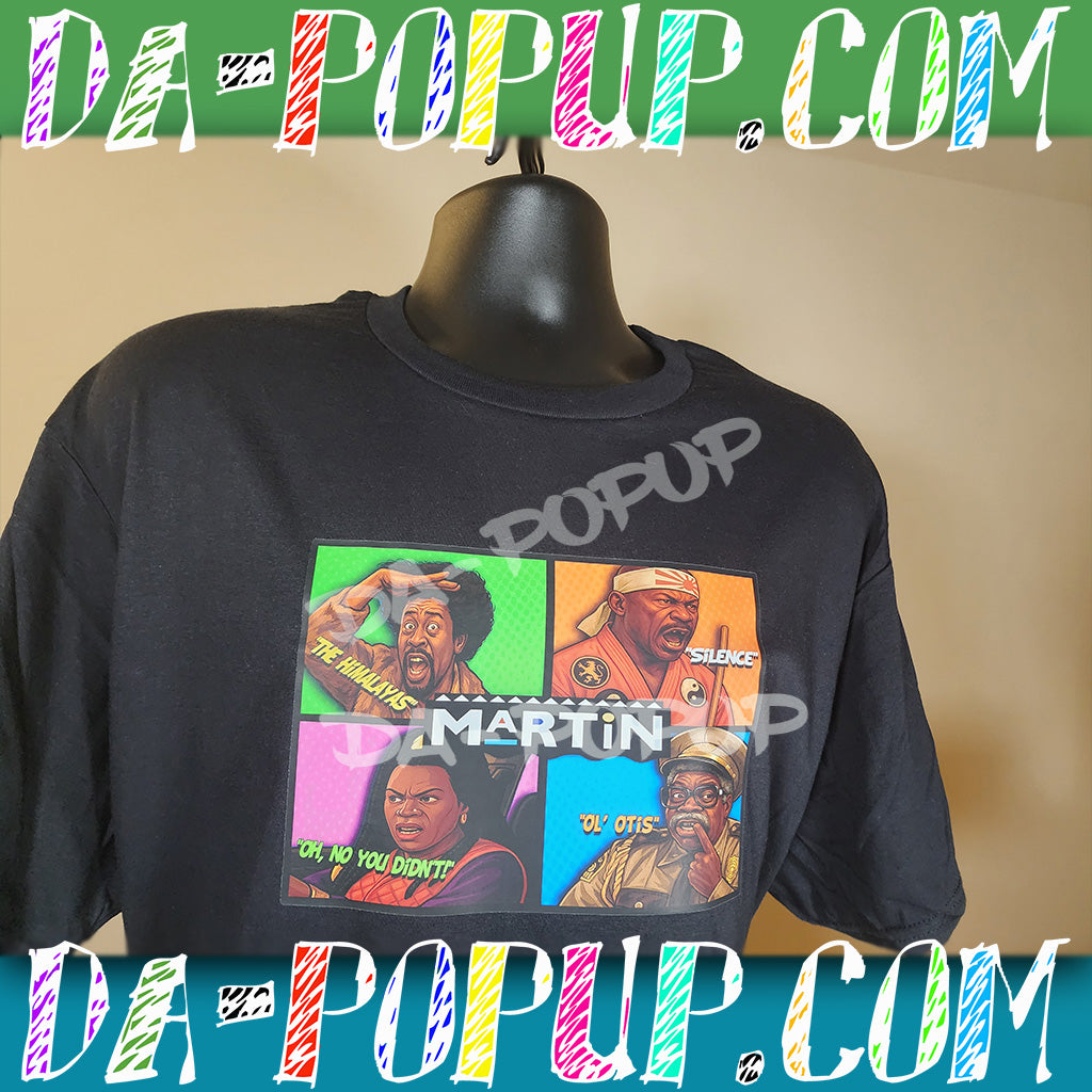 Black Martin t-shirt featuring colorful cartoon panels of iconic characters from the 90s sitcom Martin