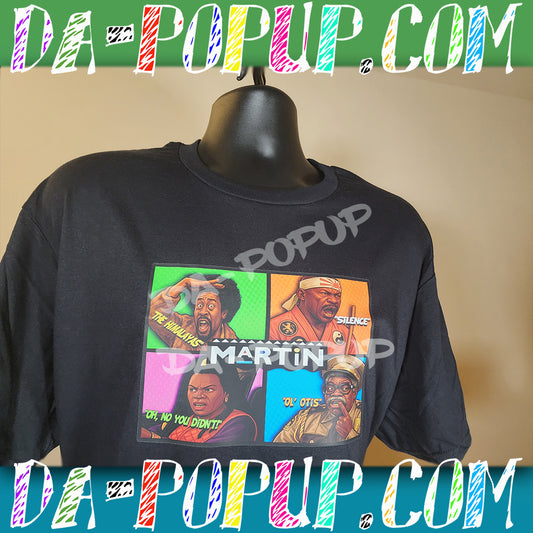 Black Martin t-shirt featuring colorful cartoon panels of iconic characters from the 90s sitcom Martin