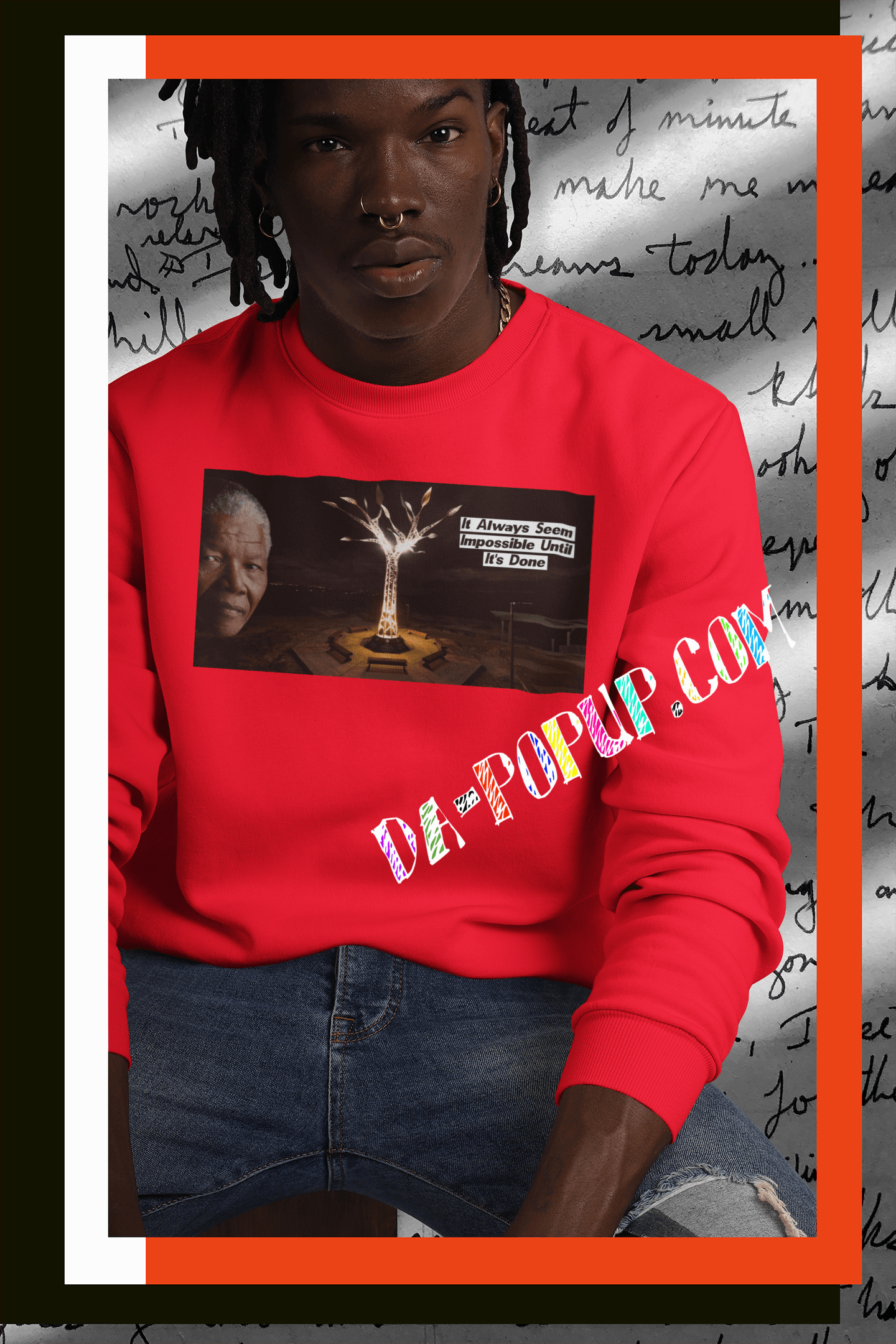 Nelson Rolihlahla Mandela it always seem impossible until its done. art is a picture of a tribe called "the tree of life". read sweat shirt black male gold chain dread locs designer jeans 