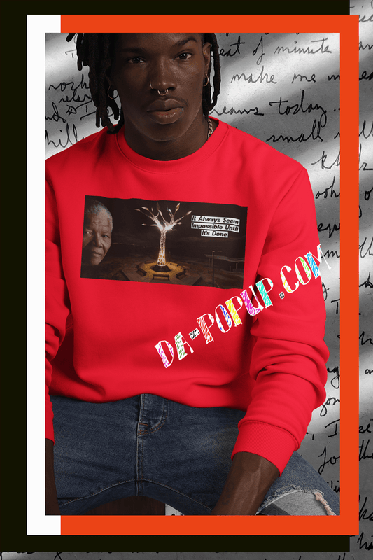 Nelson Rolihlahla Mandela it always seem impossible until its done. art is a picture of a tribe called "the tree of life". read sweat shirt black male gold chain dread locs designer jeans 
