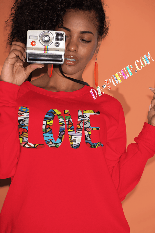 cartoon abstract art in the form of the word love. cats,dog,turtle,happy face mask etc. the beauty of art . polaroid camera big orange earrings lip gloss curly hair nake colored nails peach background braces light skin black model