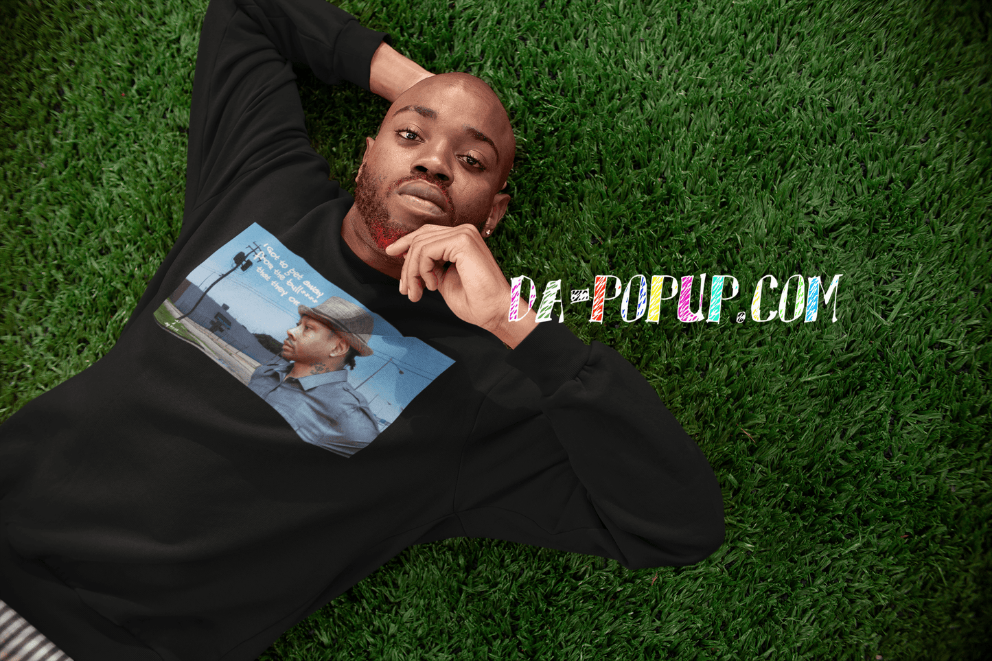 I gotta get away- lyric from southern artist Big K.R.I.T. art inspired a moment of Allen Iverson in deep though. background i well landmark in Newport news,VA called peddlers village red bread bald head diamond earrings well maintained grass male model