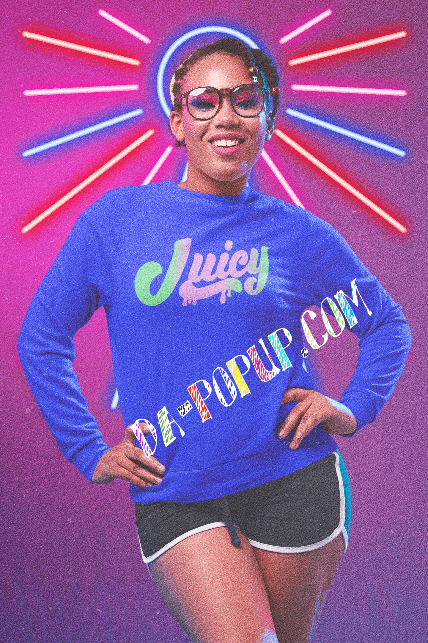 navy blue sweat suit track shorts braided natural hair black female model designer glasses workout clothing 80's sign