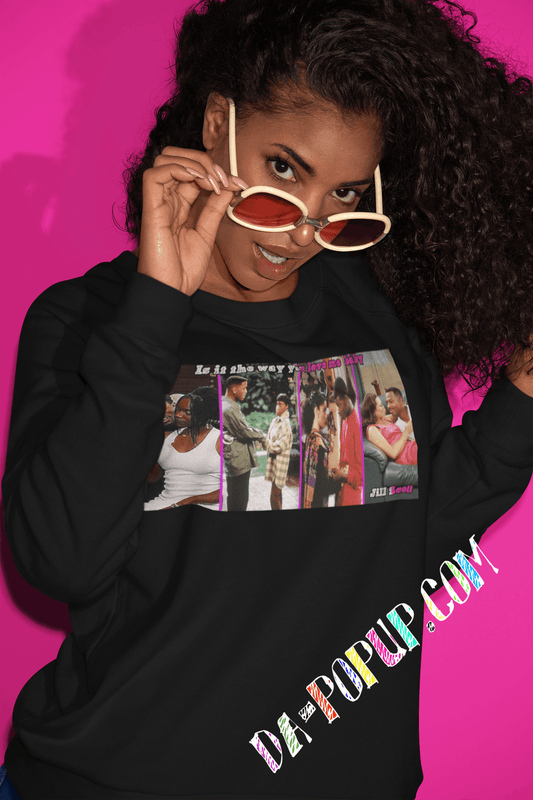 popular black tv couples living single fresh prince of bel-air, martin a different world. lyrics by jill scott. model with long hair wear sweat shirt with cute glasses. pink background