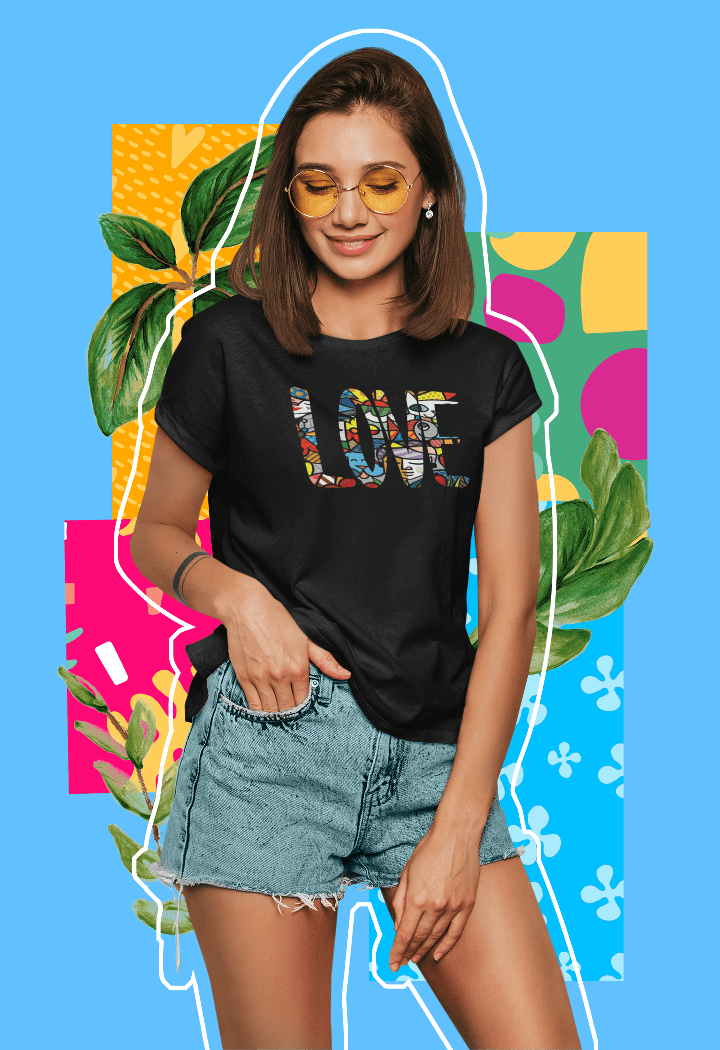 teen model designer clothing art background gold glasses 