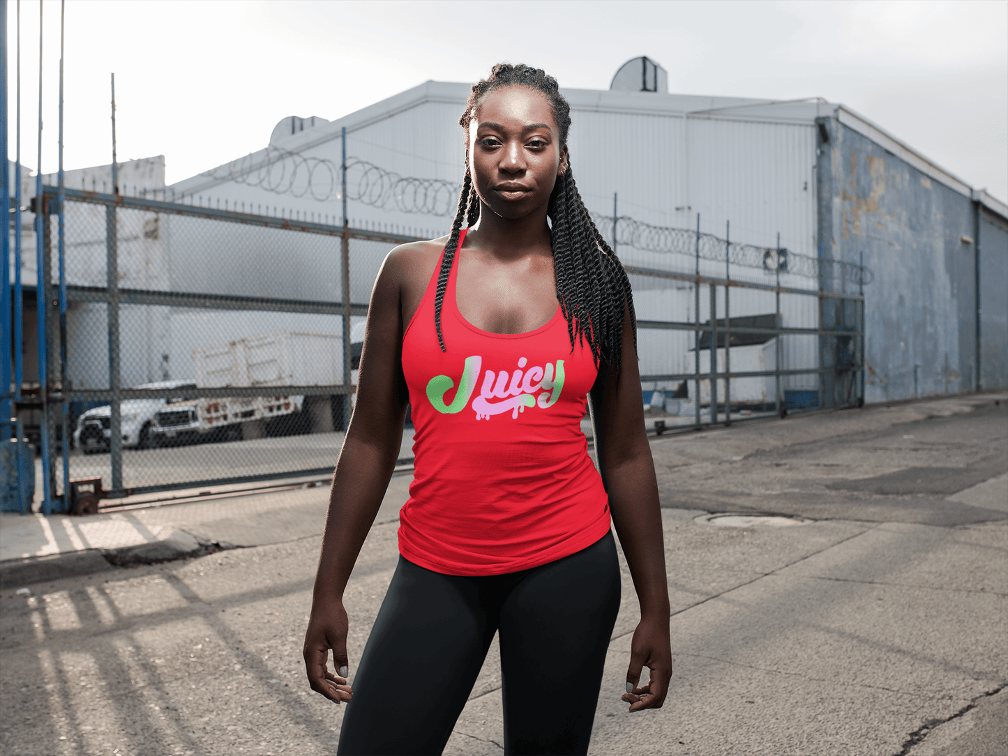 jogging warehouse background designer shirt black yogo pants streets trucks ooutside instagram model female