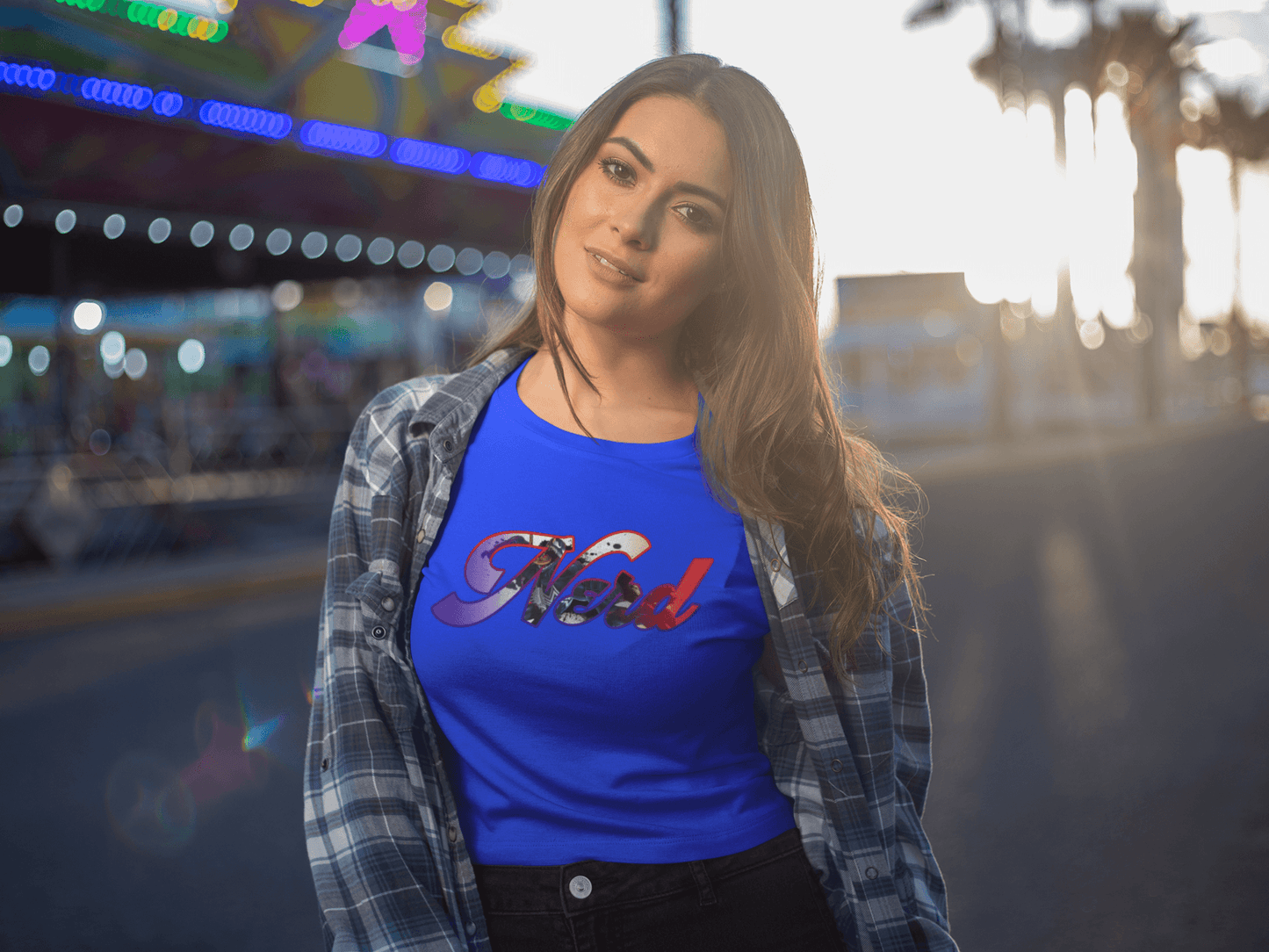 female model instagram designer amusement park carnval jeans jacket plaid shirt comic book instagram beach sunny happy fun lights