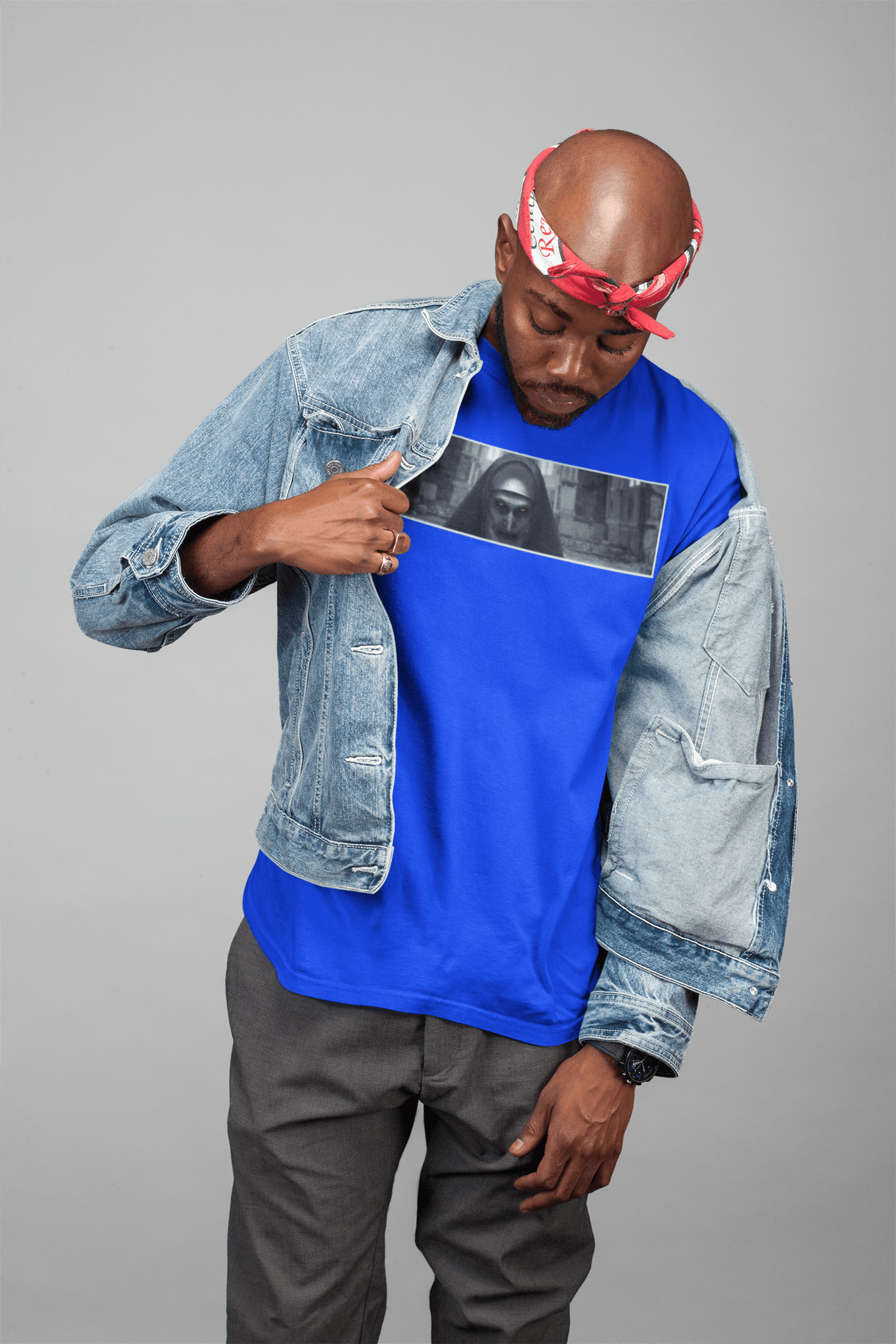 designer jean shirt jacket bald head horor movie classic the nun church holy sister male model instagram facebook photoshoot 