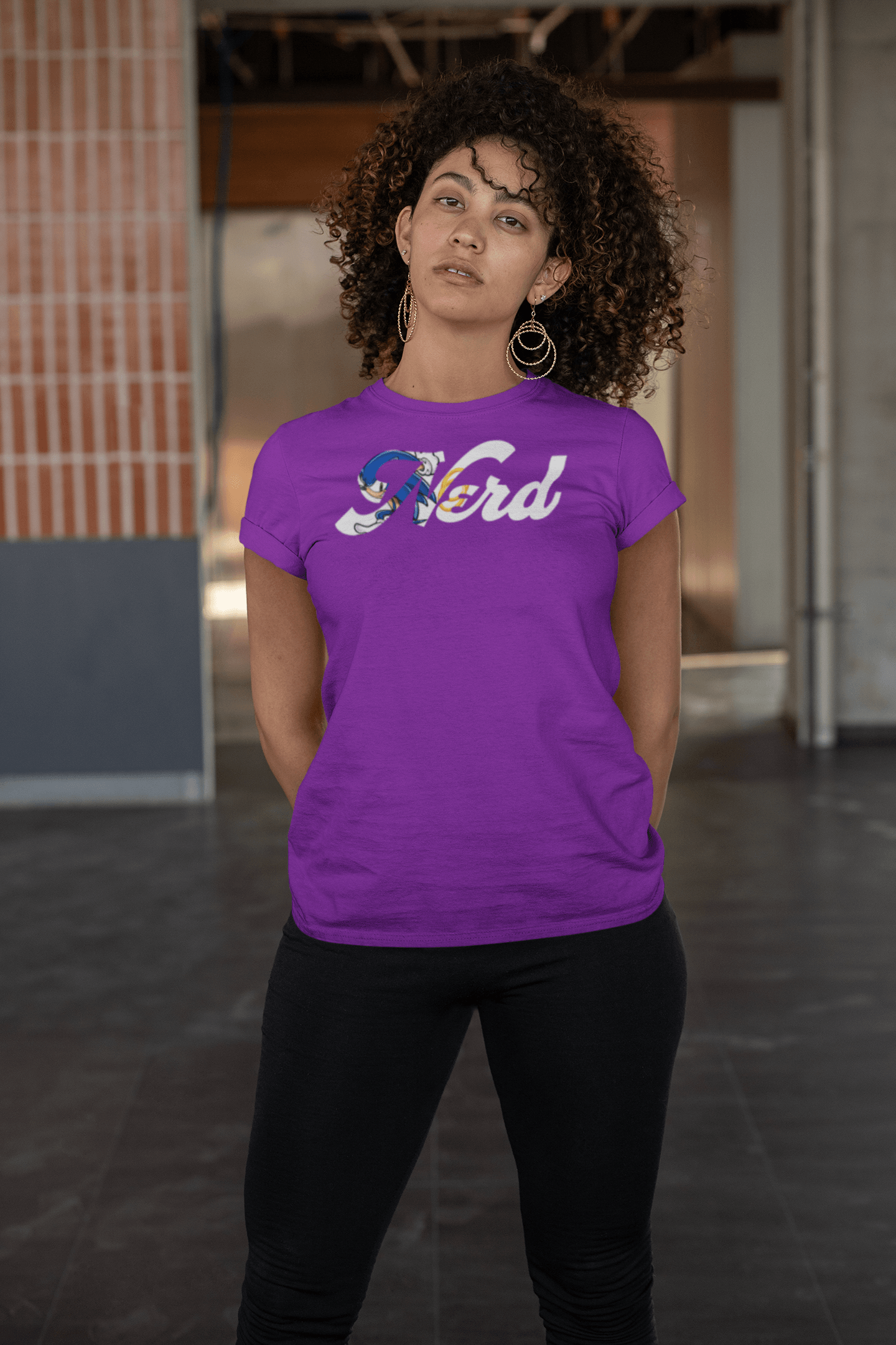 black femal llmodel designer jean shirt warehouse outside happy handheld gaming park concert 