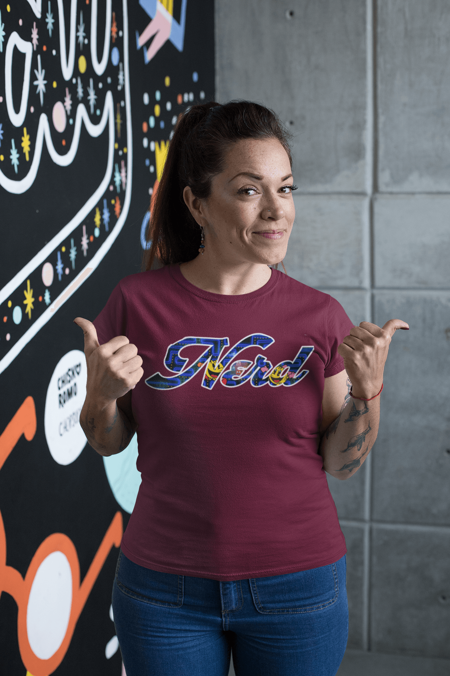 graffiti arcade gaming happy theme park designer shirt jean model female 