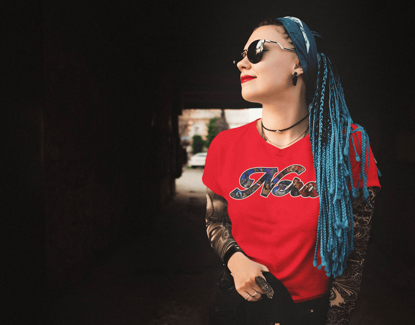 designer shades shirts red underground model female tattoo choke chain blue hair braids city tunnel comic book space 