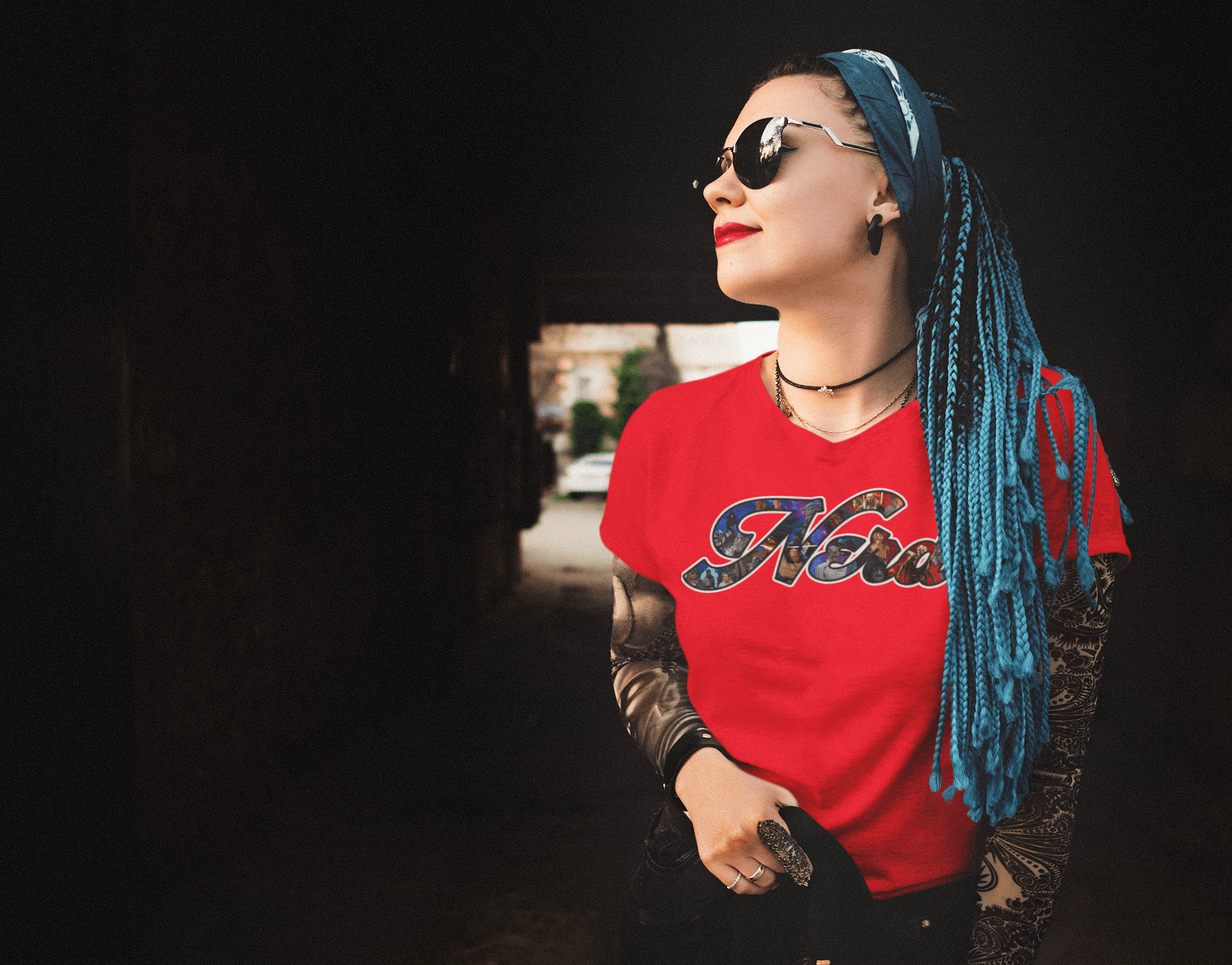designer shades shirts red underground model female tattoo choke chain blue hair braids city tunnel comic book space 