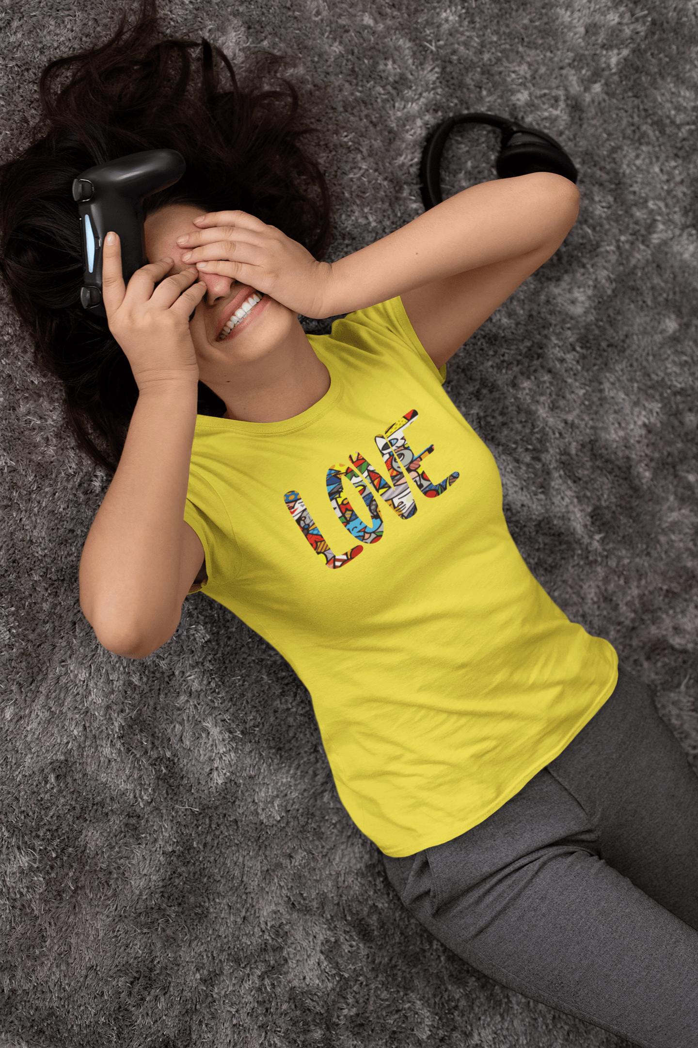 gaming video games designer clothing yellow shirt headphones console instagram female model 