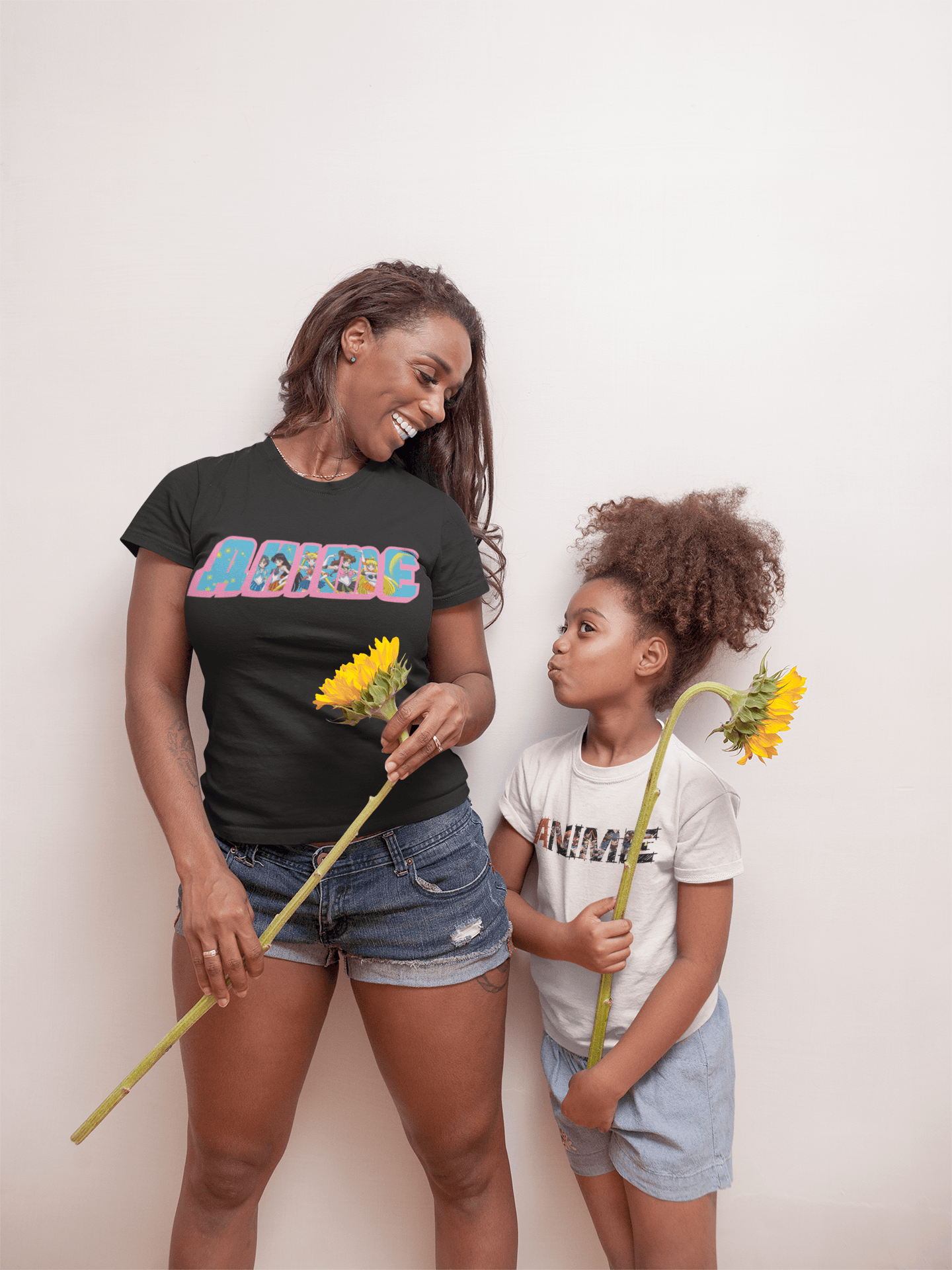 mother and daughter sunflower female models instagram designer anime married famly white background curly hair jean shorts shirts 