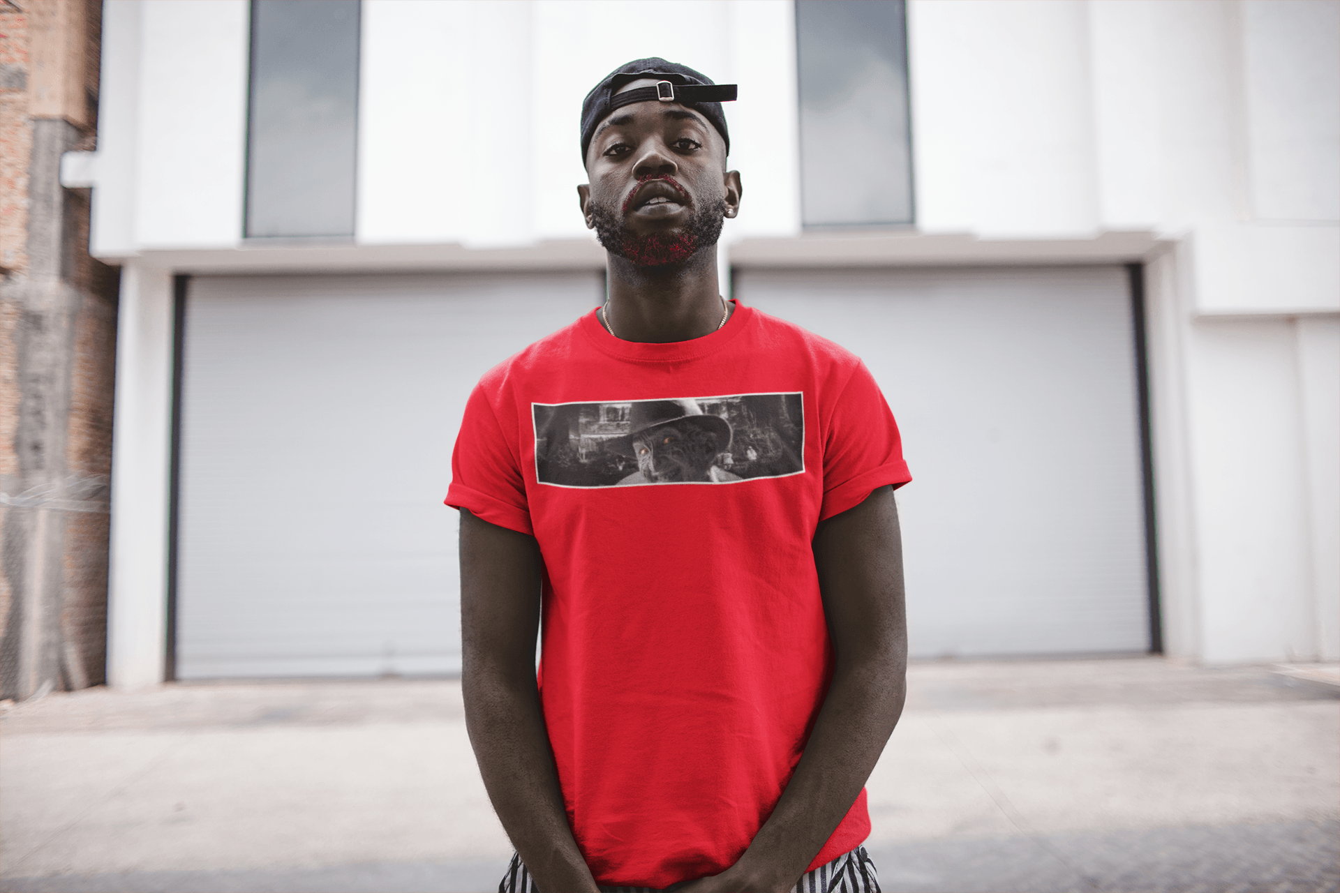 Freddy Krueger, Horror Movie, A Nightmare On Elm Street, Slasher Movies, 80s Horror, 90s Horror, Horror Film black male model instagram facebok designer shirt jeans pants outside daylight city urban 