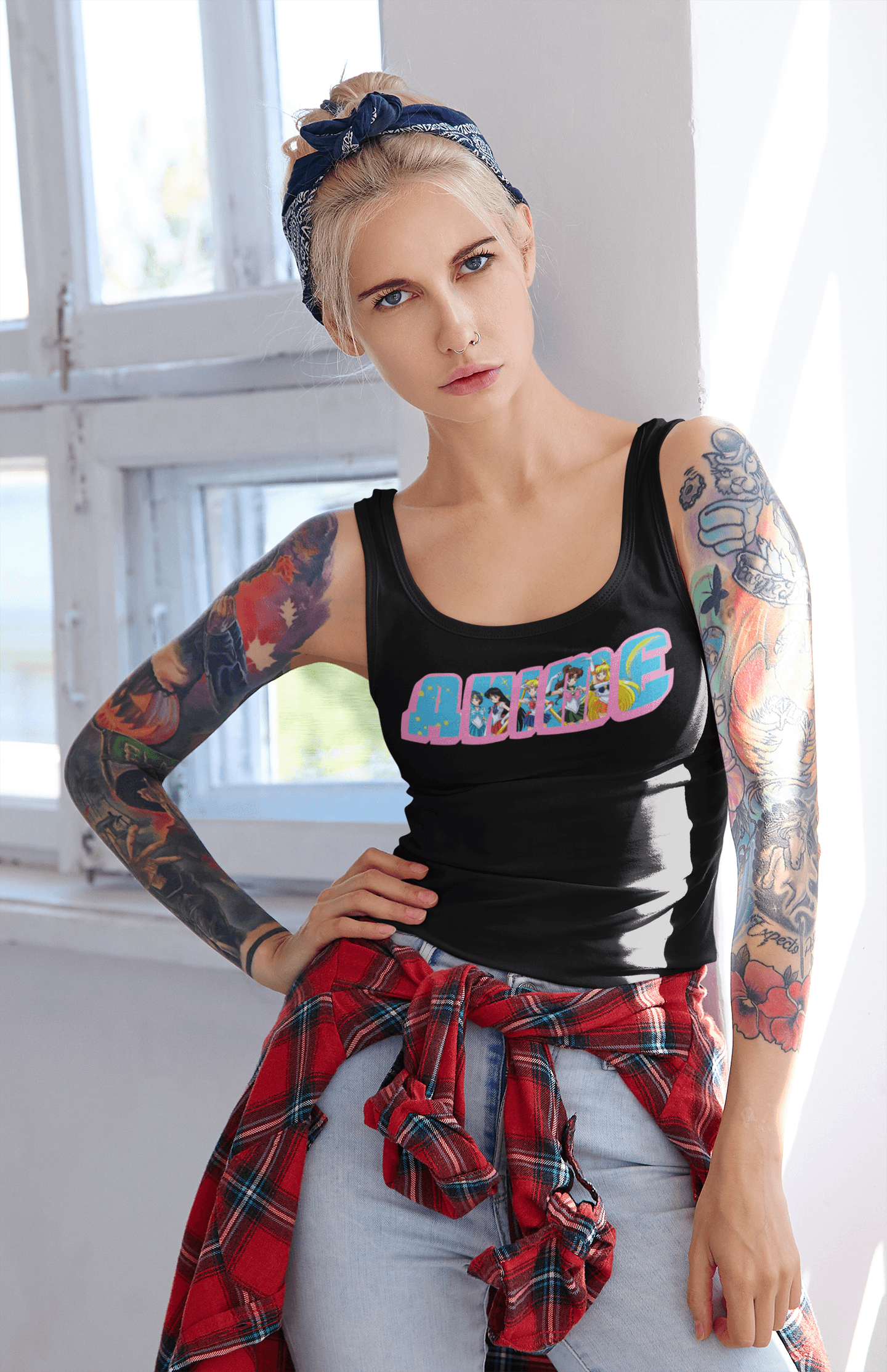black designer tank top anime cartoon white midage female women tattoos blue jean red shirt warehouse ig