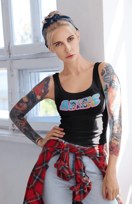 black designer tank top anime cartoon white midage female women tattoos blue jean red shirt warehouse ig
