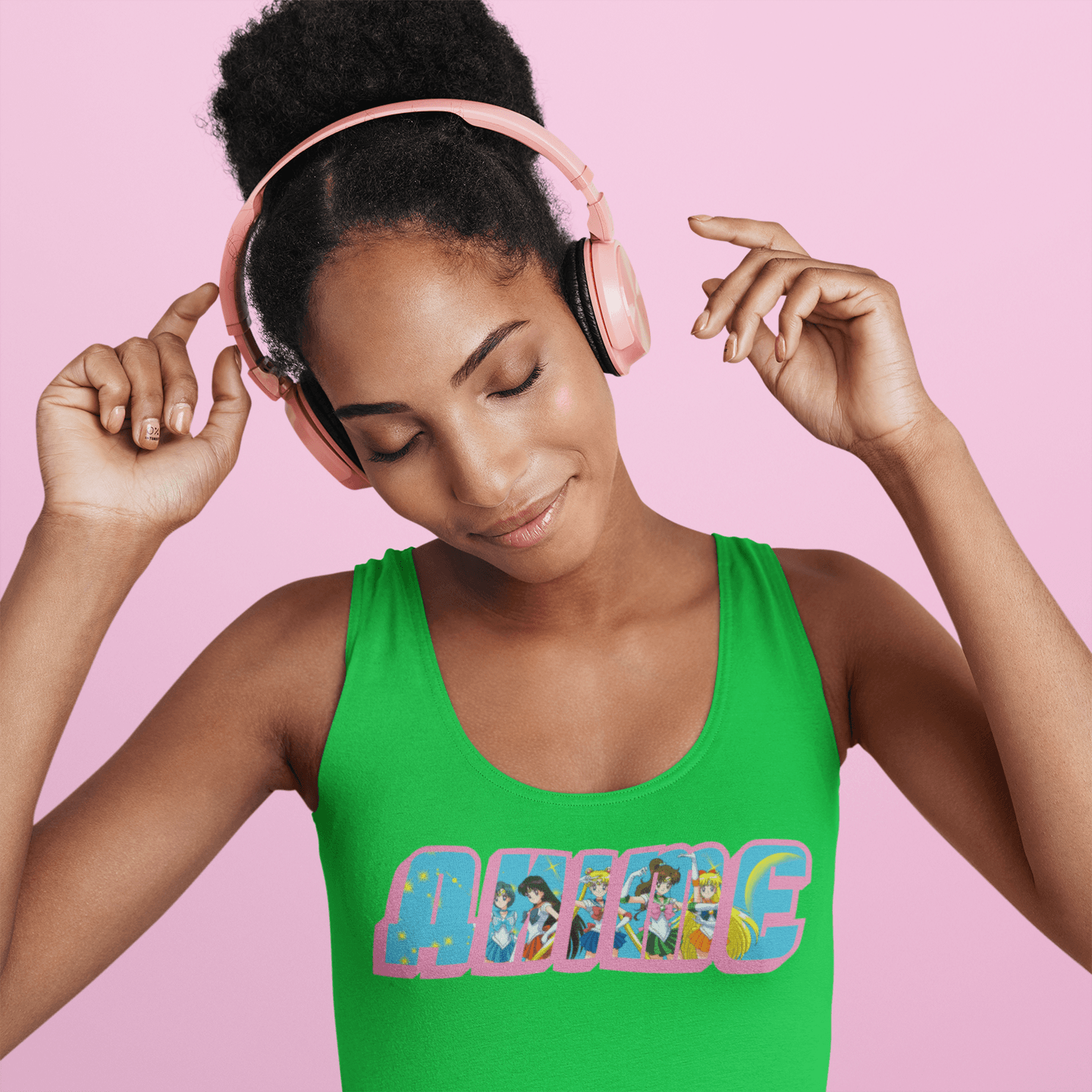 instagram black model green tank top anime pink background pink headphones beats 