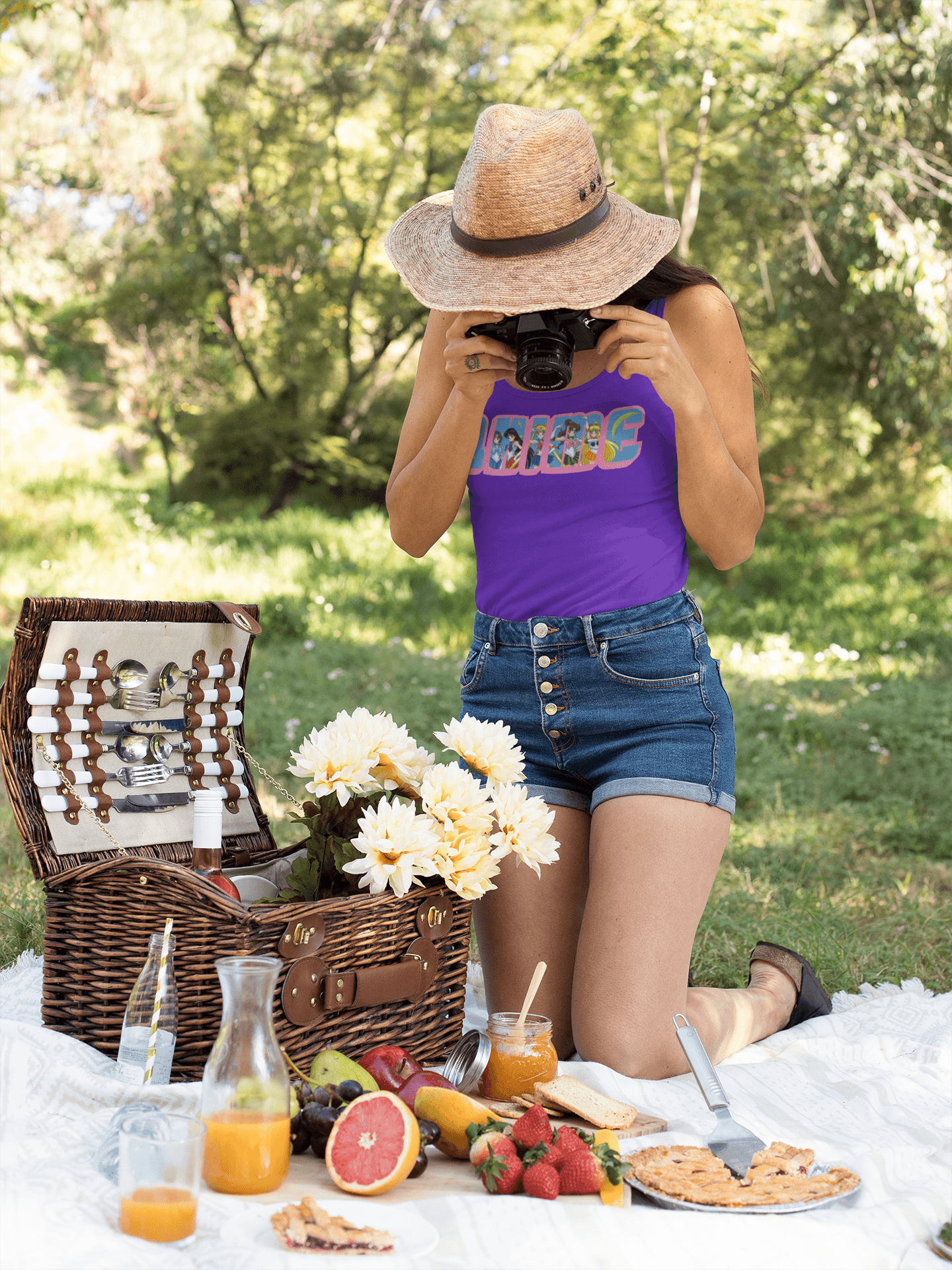 instagram model purple tank top designer blue jean shorts park breakfast lunch healthy fitness flowers fruit pies kitchenware