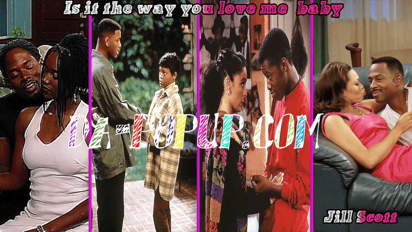 popular black tv couples living single fresh prince of bel-air, martin a different world. lyrics by jill scott. model with long hair wear sweat shirt with cute glasses. pink background