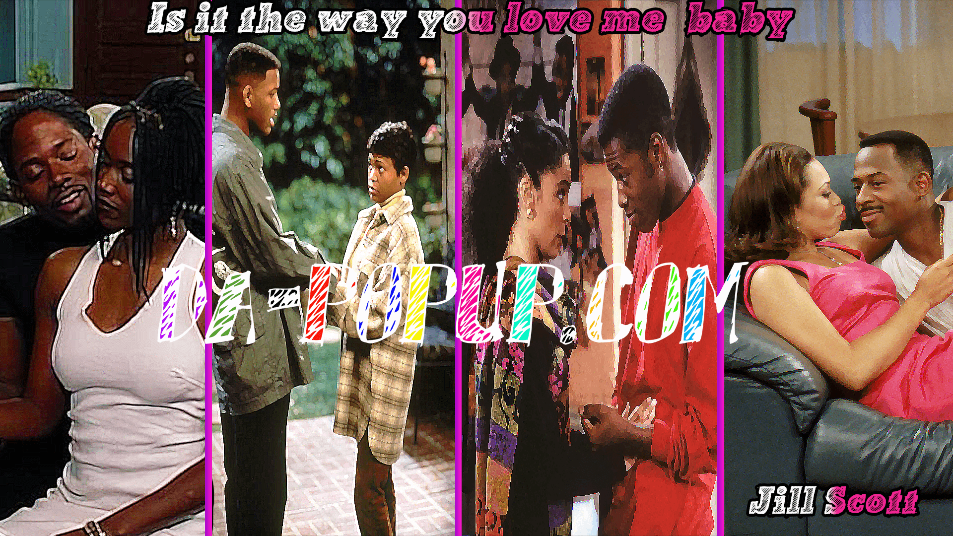 popular black tv couples living single fresh prince of bel-air, martin a different world. lyrics by jill scott. model with long hair wear sweat shirt with cute glasses. pink background