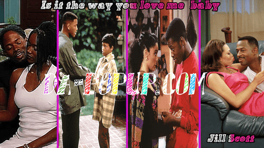 popular black tv couples living single fresh prince of bel-air, martin a different world. lyrics by jill scott. model with long hair wear sweat shirt with cute glasses. pink background